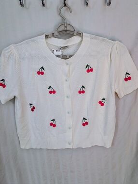 NWT XXL XL White Cherry Embroidered Button Cardigan Retro Vintage